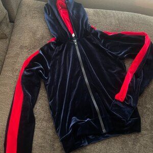 Retro Velour Navy Blue & Red Team Threadz Track Jacket / Zip-Up Hoodie